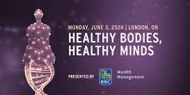 Purple background with white text that reads healthy bodies healthy minds above the RBC Wealth Management Logo 