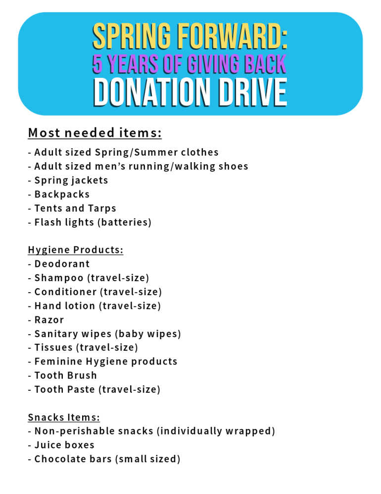 Full List of Needed items for Spring Forward Donation Drive