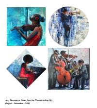 Paintings from Olukayode (Kay) Ojo's exhibition "Jazz Resonance: Notes from the Thames" being featured at the Gallery at RBC Place London