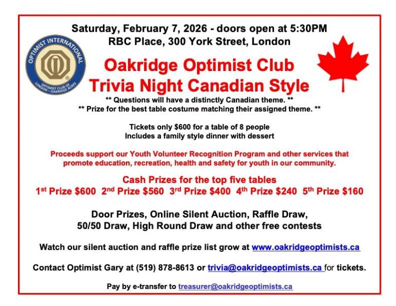 Event Details for the Oakridge Optimist Club 2026 Trivia Night taking place February 7th at RBC Place London