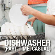 Photo of dishwasher (shoulders down) putting white plates in dish rack to be cleaned. Text: Dishwasher, Part-time Casual