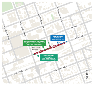 Map showing York Street closure between Wellington Street and Colborne Street in downtown London. Access to RBC Place London parking is available from Waterloo Street for underground parking, Wellington Street for west parking access, and Colborne Street for east parking access.