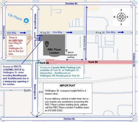 Map showing York Street closure between Wellington Street and Colborne Street in downtown London. Access to RBC Place London parking is available from Waterloo Street for underground parking, Wellington Street for west parking access, and Colborne Street for east parking access.