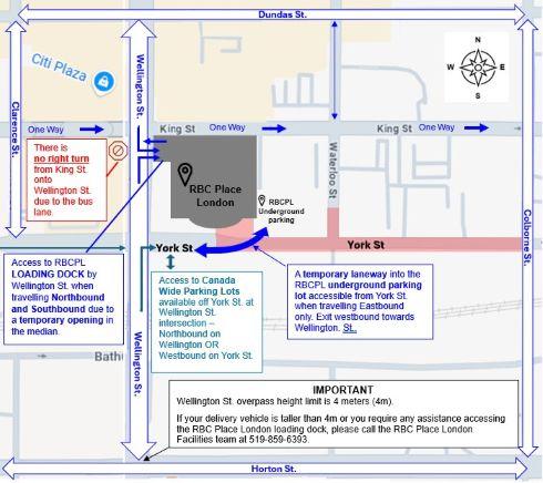 Map showing York Street closure between Wellington Street and Colborne Street in downtown London. Access to RBC Place London parking is available from Wellington Street