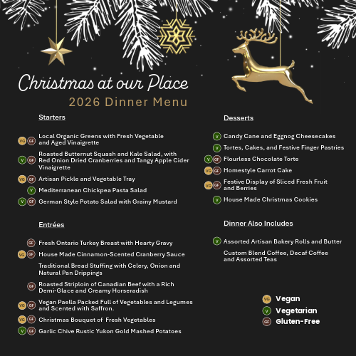 2026 Christmas at our Place menu including Vegan, Vegetarian and Gluten-Free items. 