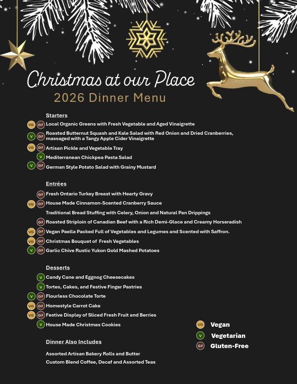 Christmas at our Place Menu for 2026 featuring vegan, vegetarian and gluten-free options