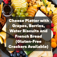 platter filled with various cheeses and crackers with dips, and berries (for illustrative purposes)