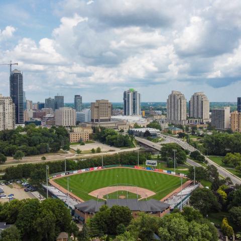 Aerial view of Downtown London and Labatt Field, the oldest baseball field still in operation in North America
