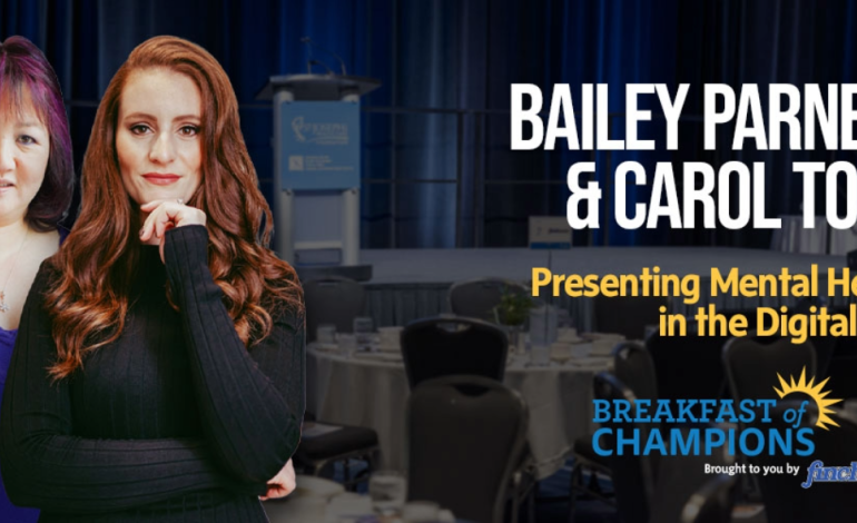 Bailey Parnell & Carol Todd standing confidently in front of a conference room backdrop with text about mental health in the digital age. They are this year's keynote speakers for the St Joseph's Healthcare Foundation Breakfast of Champions taking place May 8 at RBC Place London