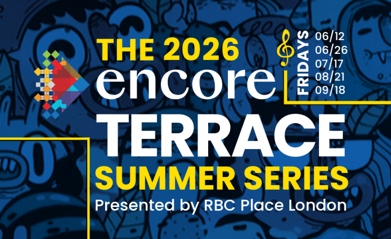 The 2026 Encore Terrace Summer Series event dates listed with a colorful logo on a blue graffiti background.