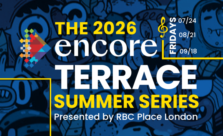 The 2026 Encore Terrace Summer Series event dates listed with a colorful logo on a blue graffiti background.