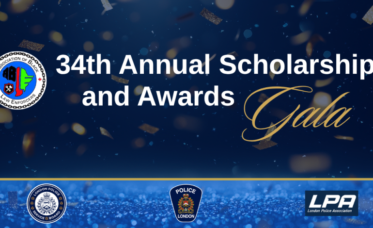 A.B.L.E. 34th Annual Scholarship and awards gala 2026 event graphic with Association of Black Law Enforcers Logo