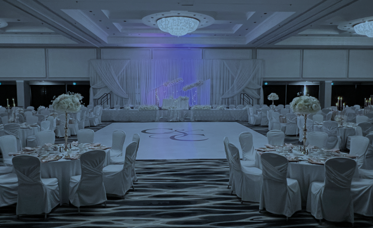 King street Ballroom set for wedding with rounds, dance floor and decor
