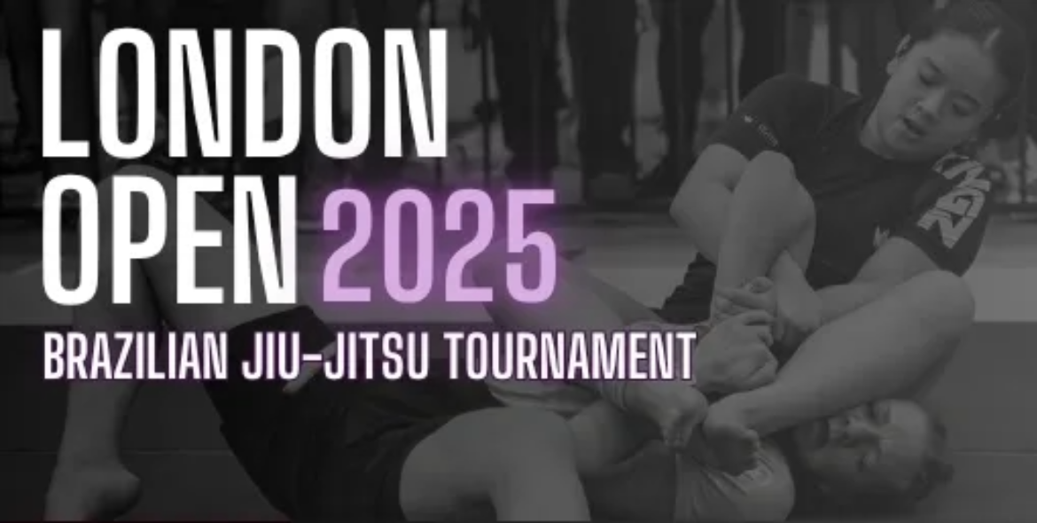 London Open 2025 Brazilian Jiu Jitsu Tournament superimposed over 2 competitors.