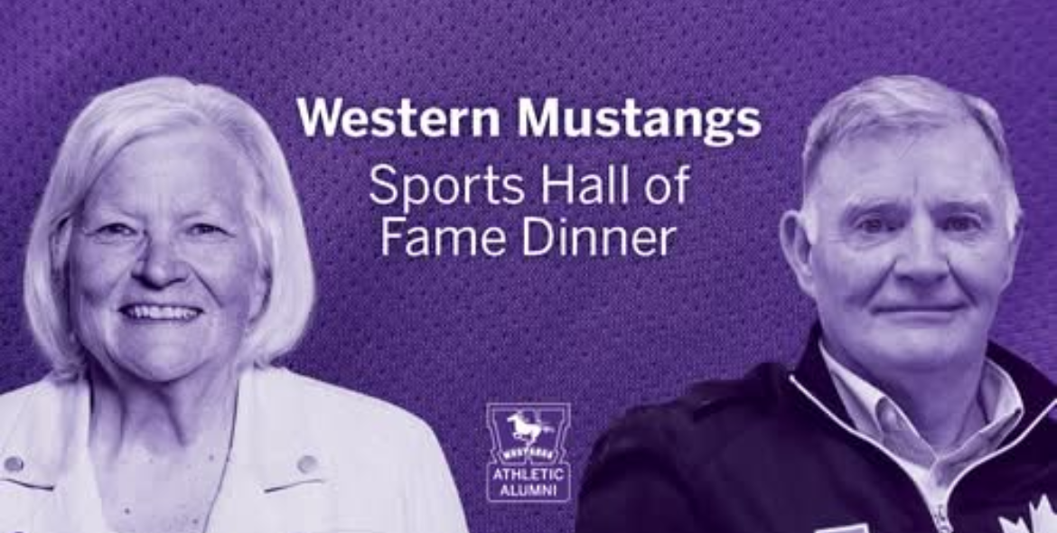 Western Mustangs Sports Hall of Fame Dinner event banner featuring 2025 Inductees: Lifetime Achievement Awards: Al Morrow, BA'72 Thérèse Quigley, BA'75, BEd'77