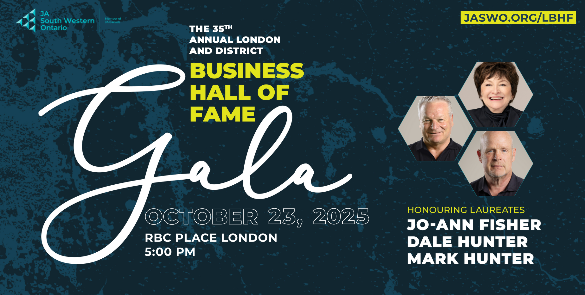 event graphic for the JA South Western Ontario London and District Business Hall of Fame gala taking place on october 23 2025, at RBC Place London