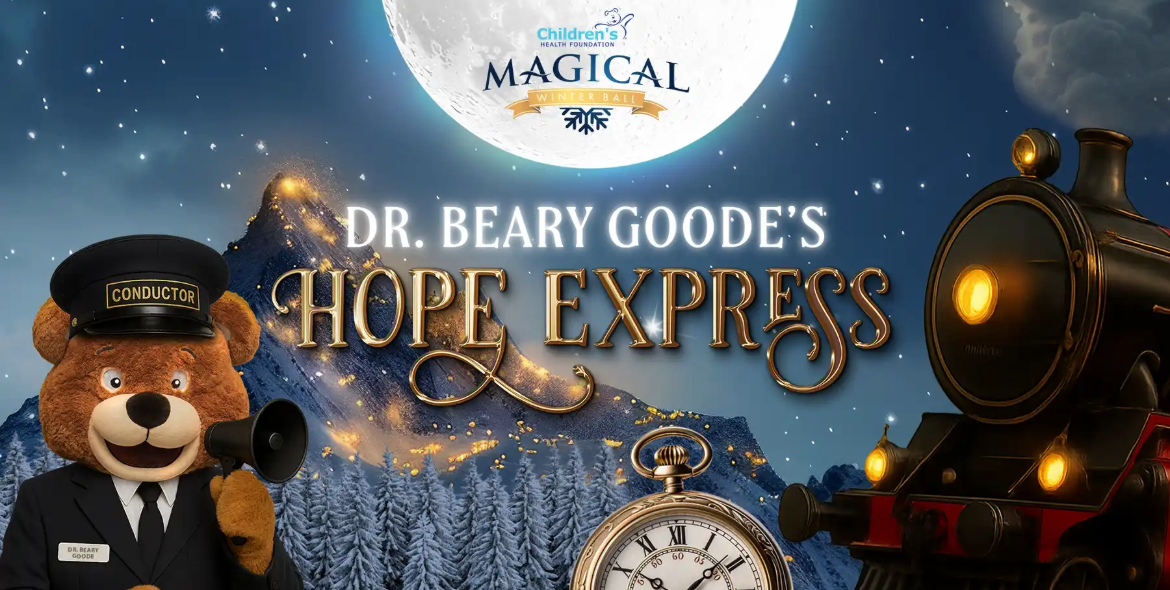 A teddy bear conductor stands beside a vintage steam train and a large pocket watch against a snowy mountain backdrop under a glowing full moon. showing Dr. Beary Goode Hope Express. Children's Health Foundation Children's Magical Ball at RBC Place London Dec 5, 2025