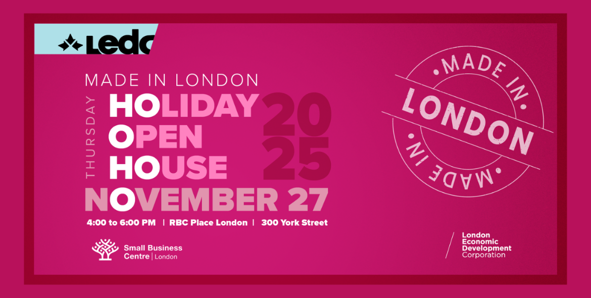 pink banner with white text, LEDC presents Made in London Holiday Open House at RBC Place london on November 27