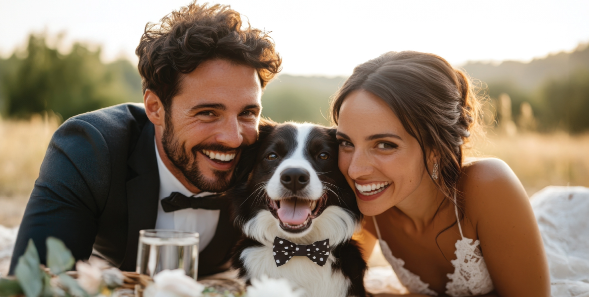 a bride and groom lay down facing the camera with their black and white dog in between them. 