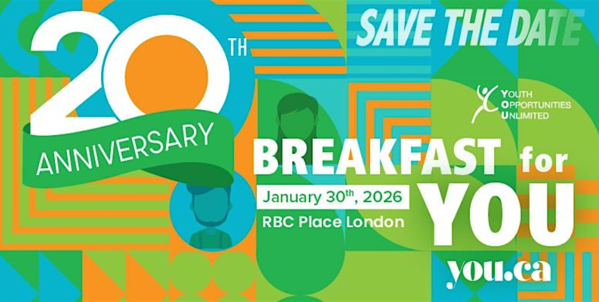 Colorful graphic announcing Youth Opportunities Unlimited's 20th anniversary breakfast event on January 30, 2026, at RBC Place London.