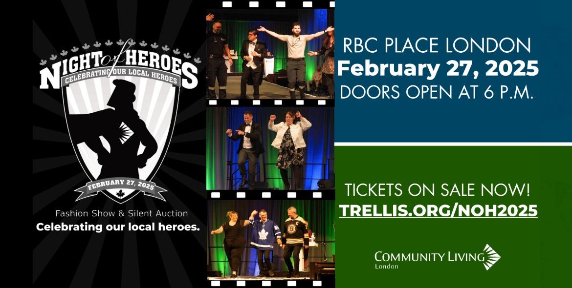 event poster for Community Living London's 34th annual Night of Heroes event taking place at RBC Place London on February 26th, 2026.