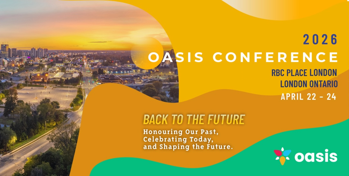 Panoramic cityscape at sunset promoting the 2026 OASIS Conference in London, Ontario, April 22-24, with theme 'Back to the Future'. The conference will take place at RBC Place London.