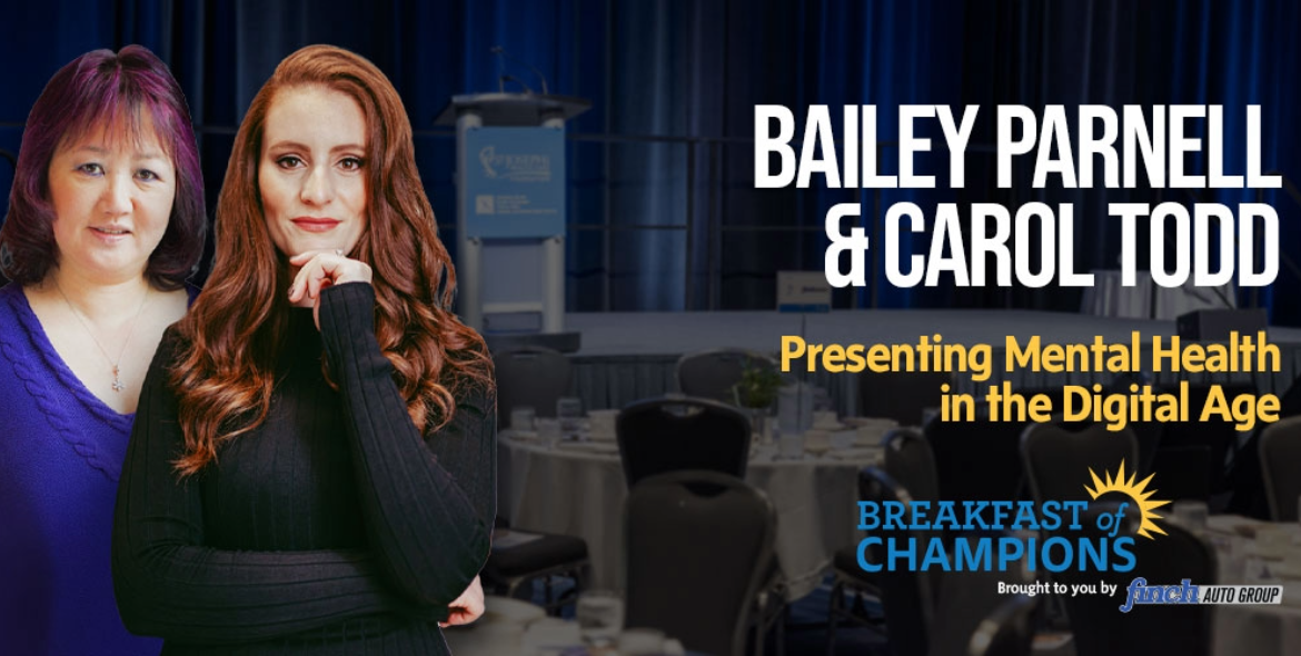 Bailey Parnell & Carol Todd standing confidently in front of a conference room backdrop with text about mental health in the digital age. They are this year's keynote speakers for the St Joseph's Healthcare Foundation Breakfast of Champions taking place May 8 at RBC Place London