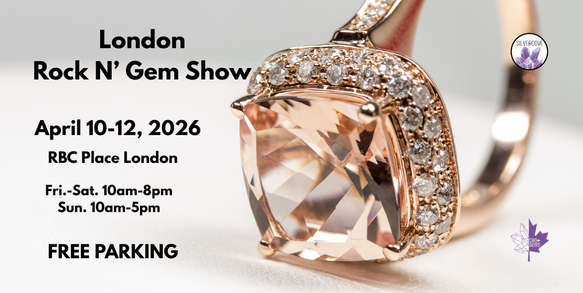 Close-up of a sparkling gemstone ring with diamonds promoting the London Rock N’ Gem Show at RBC Place April 10-12, 2026, with free parking.