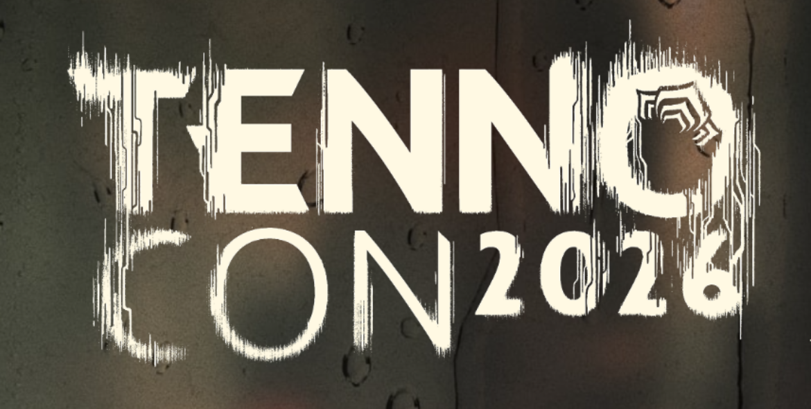 Logo for TennoCon 2026 with a stylized spider design integrated into the letter O on a dark textured background. Tennocon 2026 will take place at RBC Place London July 10-11 2026.