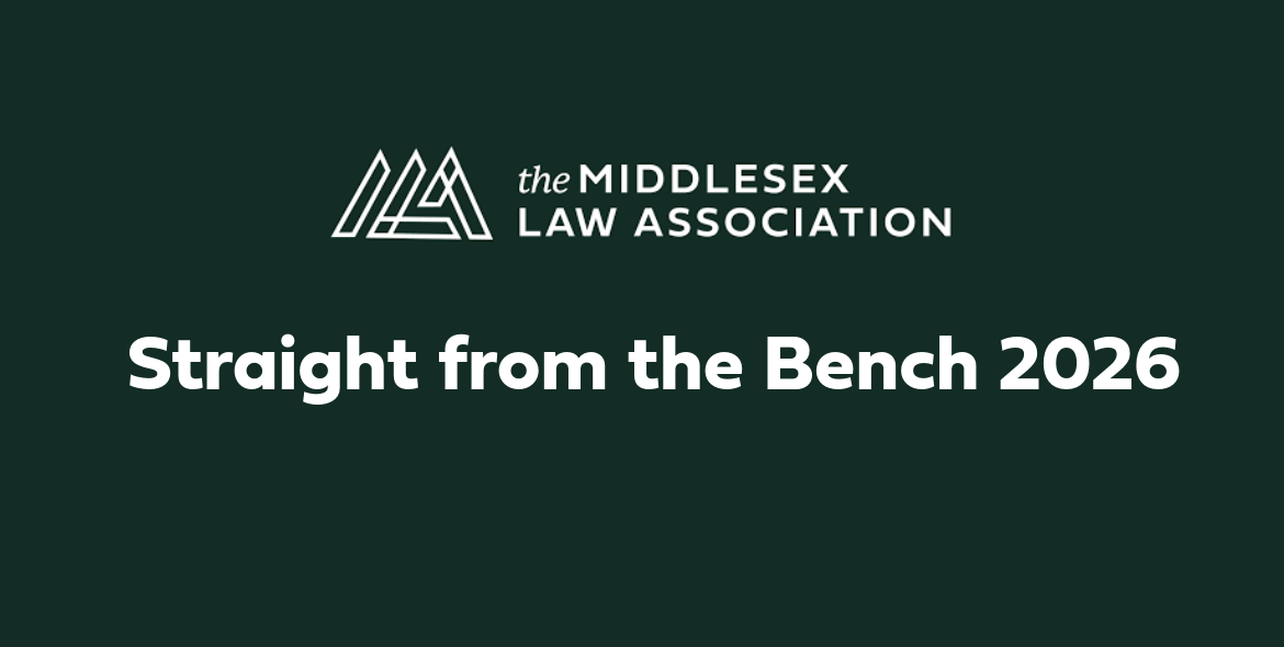 Logo of the Middlesex Law Association with text announcing the Straight from the Bench 2026 event taking place at RBC Place London on June 25, 2026