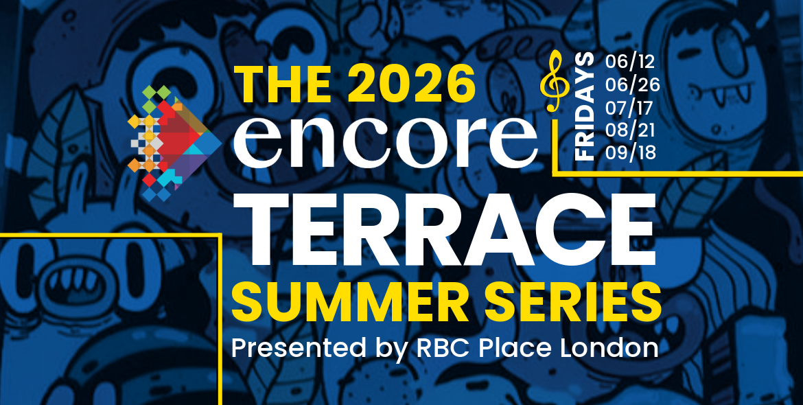 The 2026 Encore Terrace Summer Series event dates listed with a colorful logo on a blue graffiti background.