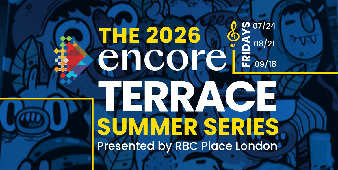 The 2026 Encore Terrace Summer Series event dates listed with a colorful logo on a blue graffiti background.