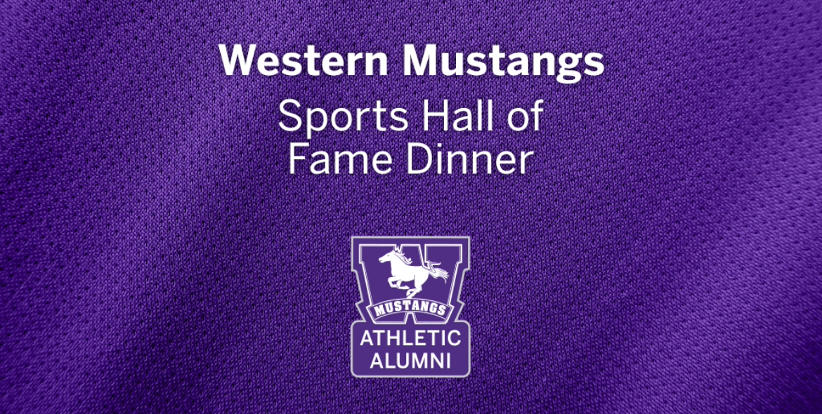 Western Mustangs Sports Hall of Fame Dinner event graphic, purple background with white text and Mustangs Logo
