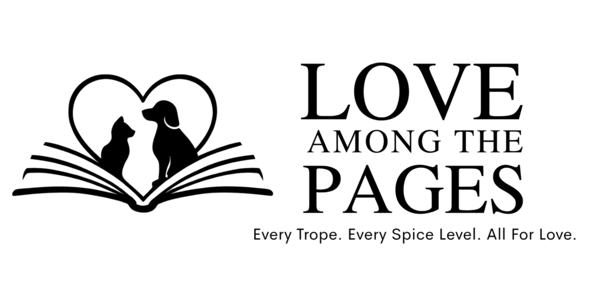 Love Among the Pages logo featuring a cat and dog sitting inside a heart above an open book with the tagline "Every Trope. Every Spice Level. All For Love."