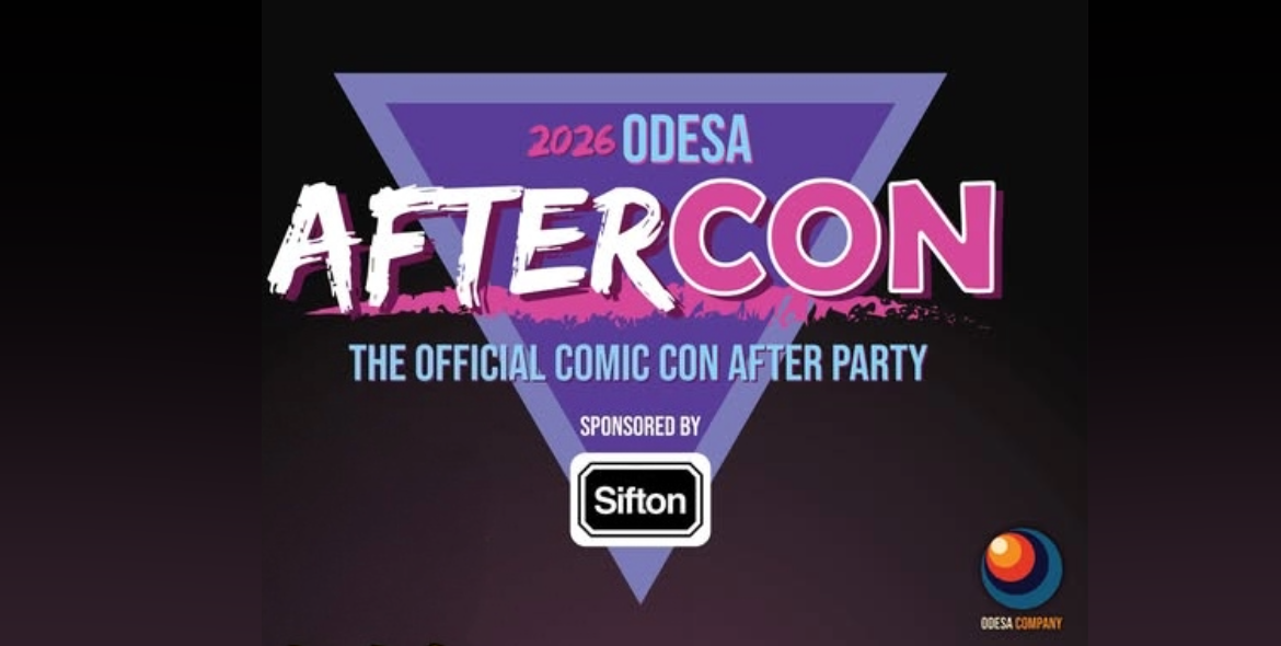 2026 Odesa AfterCon official comic con after party logo with Sifton sponsorship and Odesa Company emblem. Taking Place after the London ComicCon on September 26 at RBC Place London. 