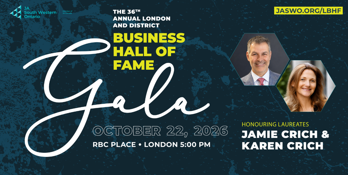 Promotional banner for the 36th Annual London and District Business Hall of Fame Gala on October 22, 2026, at RBC Place London featuring Jamie Crich and Karen Crich.