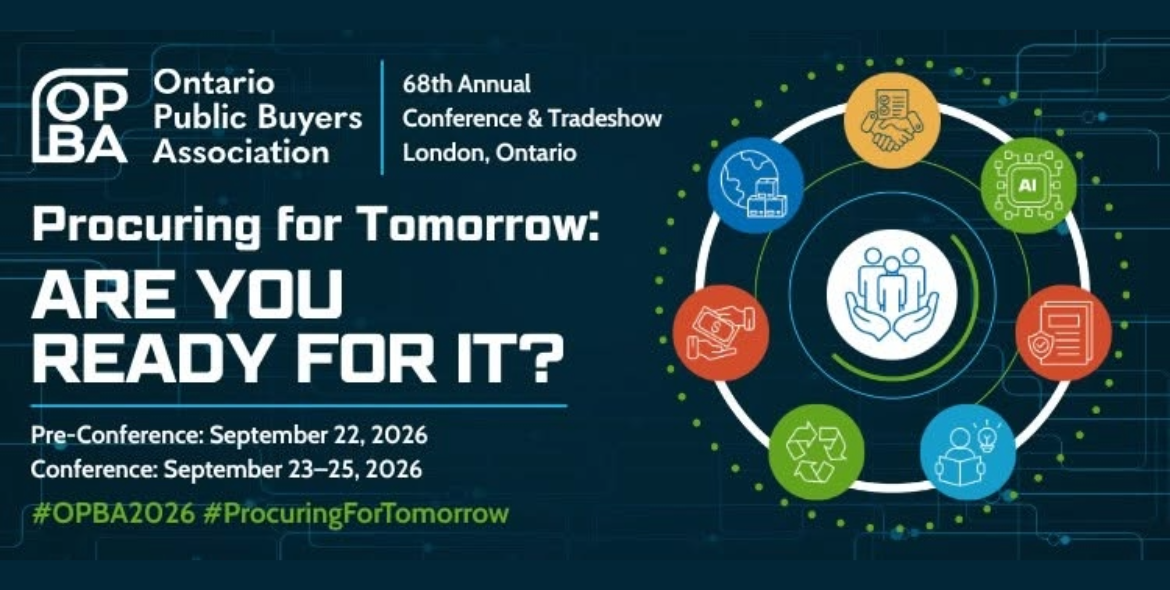 Banner for the 68th Annual Ontario Public Buyers Association Conference and Tradeshow at RBC Place London highlighting 'Procuring for Tomorrow: Are You Ready for It?'.