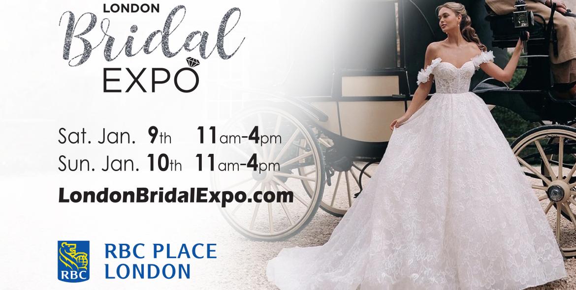 Bride in an elegant off-shoulder wedding gown posing beside a vintage carriage at London Bridal Expo.
