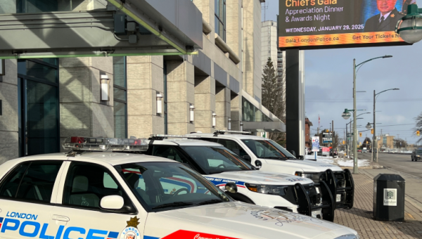 exterior shot of London Police vehicles lined up for Chief's Gala