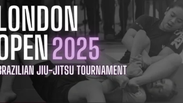 London Open 2025 Brazilian Jiu Jitsu Tournament superimposed over 2 competitors.