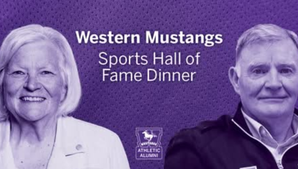 Western Mustangs Sports Hall of Fame Dinner event banner featuring 2025 Inductees: Lifetime Achievement Awards: Al Morrow, BA'72 Thérèse Quigley, BA'75, BEd'77