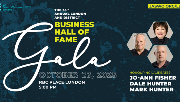 event graphic for the JA South Western Ontario London and District Business Hall of Fame gala taking place on october 23 2025, at RBC Place London
