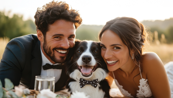 a bride and groom lay down facing the camera with their black and white dog in between them. 