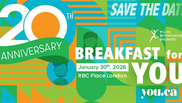 Colorful graphic announcing Youth Opportunities Unlimited's 20th anniversary breakfast event on January 30, 2026, at RBC Place London.