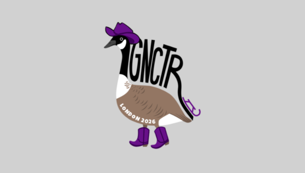 Great Northern Concrete Toboggan Race Logo: Cartoon Canadian goose wezring a Western University purple cowboy hat and boots and the words London 2026 on a grey background.