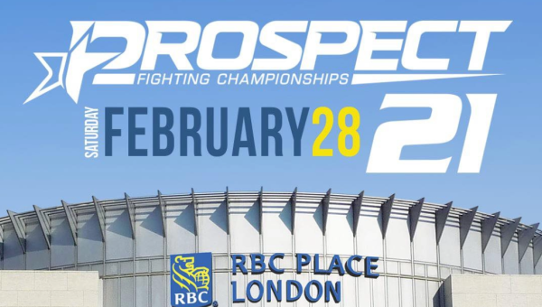 blue sky above the RBC Place London building "crown" with Prospect Fighting Championships logo over the text February 28