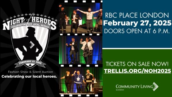 event poster for Community Living London's 34th annual Night of Heroes event taking place at RBC Place London on February 26th, 2026.