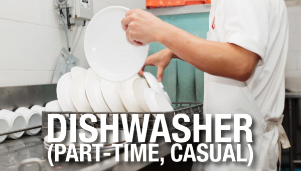 Photo of dishwasher (shoulders down) putting white plates in dish rack to be cleaned. Text: Dishwasher, Part-time Casual