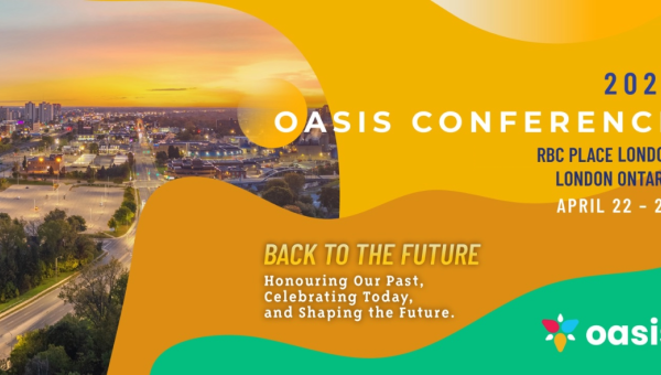 Panoramic cityscape at sunset promoting the 2026 OASIS Conference in London, Ontario, April 22-24, with theme 'Back to the Future'. The conference will take place at RBC Place London.
