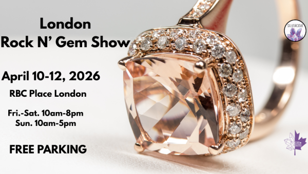 Close-up of a sparkling gemstone ring with diamonds promoting the London Rock N’ Gem Show at RBC Place April 10-12, 2026, with free parking.